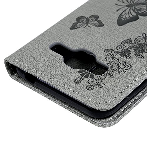 YOKIRIN Wallet Case für Samsung Galaxy J3 /J3 (2016) Schmetterling Blumen Muster PU Ledercase Cover Flipcase Handyhülle Folio Schutzhülle Protective Schale Flip Cover mit Standfunktion Kredit Kartenfächer in Gray - 5