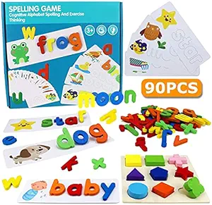 Hunk Shoppers See and Spell Learning Toys, Matching Letter Spelling Game Sight Words Games Educational Preschool Toys Learning Toys for 3-8 Year Olds Girls Boys - Ideal Gifts ( 52 Alphabet Blocks)