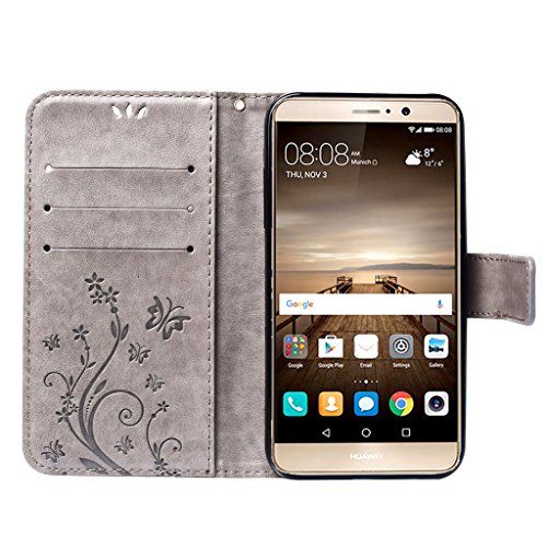 Huawei Mate 9 Funda Gris   Leathlux Libro Suave PU Leather Cuero impresi  n - Leathlux Case Con Flip case cover Cierre Magn  tico Funci  n de Soporte Billetera con Tapa para Tarjetas-Dise  o de Mariposa y flor de la vid para Huawei Mate 9 5 9 