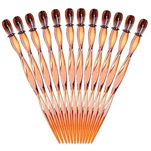RC ROCHE ORNAMENT 12 Pcs Womens Premium Plastic Strong Hold Updo Chignon Bun Maker Long Spiral Hairpin Beauty Accessory Shawl Pin Fork Chopstick Hair Decor Pins Sticks, Medium Brown
