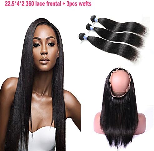 360 Lace Frontal Band with Bundles, Elees Hair Brazilian Virgin Hair Straight Bundles with 360 Full Lace Frontal Closure with Baby Hair Natural Color (18 20 with 16)