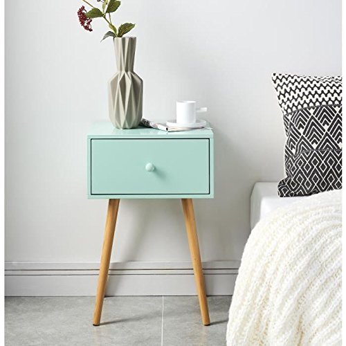 HORTENSE Table de chevet scandinave en MDF laqué satiné vert d'eau avec pieds bois massif - L 40 cm