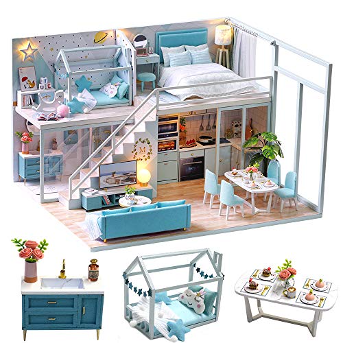 CUTEBEE Miniature avec des Meubles de Maison de poupée, kit DIY Dollhouse en Bois Ainsi Que la poussière et Le Mouvement de la Musique, 1:24 Salle créative pour l'idée Cadeau Saint Valentin