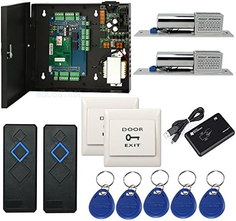 2 Doors Wiegand Access Control Panel Controller Kit 220V Metal Power Box+RFID Reader +Electric Bolt Lock+Exit+Key Fobs+Enroll RFID USB Reade