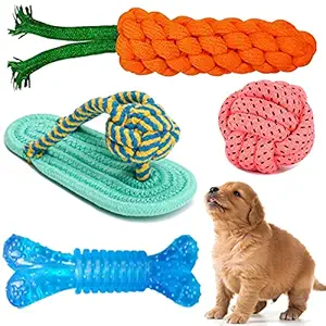 Dog Durable Cotton Chew Rope Slipper Dog Toys for Teething Playing Fun Toy + Gums Massage + Stress Relief Chew Rope Toy + Rubber Flavoured Chew Bone Suitable Small and Medium Puppies Pack of 4