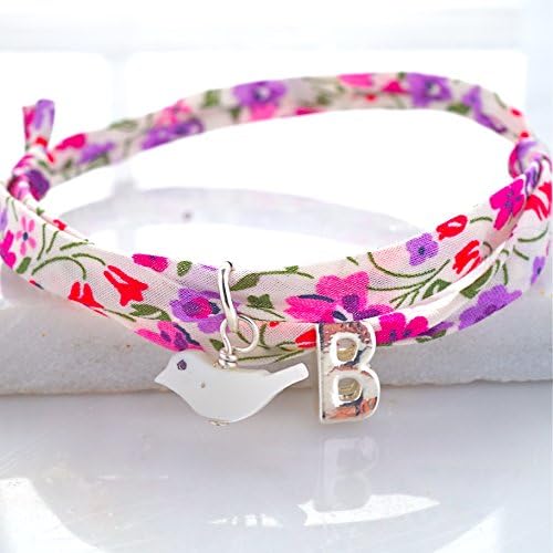Personalised bird bracelet,Initial Liberty print bracelet with mother of pearl charm