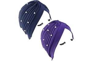 ILUFAM 2PCS Faux Pearls Turbans for Women Knot Turban Head Wrap Headwear Pleated Beanie Cap Hair Loss Hat