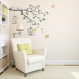 Decowall DW-1510 Vögel auf Baumzweig mit Vogelkäfigen Wandsticker Wandaufkleber Wandtattoo Kinderzimmer (Grau) - 2