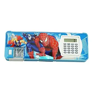 Trovella Multipurpose Magnetic Pencil Box with Calculator | Dual Sharpener for School | Big Size Cartoon Printed Pencil Case for Kids | Spiderman | Boys & Girls | Blue
