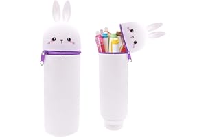 EEPLUYTY Kawaii Étui École 2 en 1 en Silicone Souple, Trousse Silicone Verticale, Fermeture Éclair en Silicone, Dessin Animé Mignon DIY, Plusieurs Couleurs Et Styles-Lapin Blanc