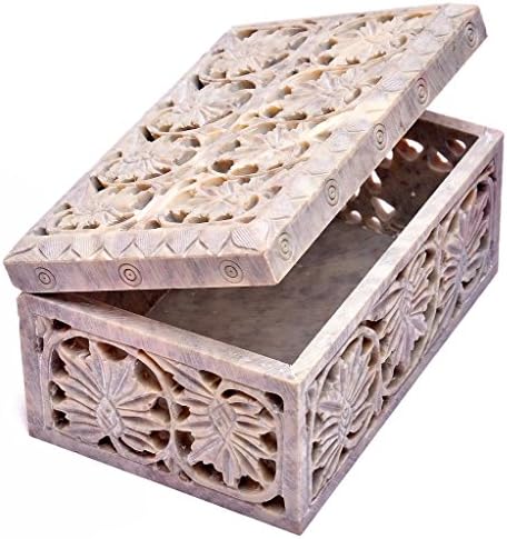 Artist Haat Handmade Rectangle Soapstone Jewelry Storage Box with Floral Jali Work (Black, 16*10*8 cm Approx.)