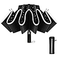 AUELEK Umbrella, Travel Windproof Umbrella,12 Ribs Reverse Auto Open/Close Rain Umbrella,Sun Shading Umbrella with Anti-UVCoating, Travel Umbrella, Reflective Stripes for Night Safety, Black