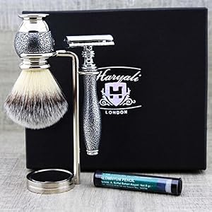 Haryali London Shaving Kit – 4 Pc Shaving Kit – Double Edge Safety Razor - Synthetic Hair Shaving Brush – Alum – Antique…