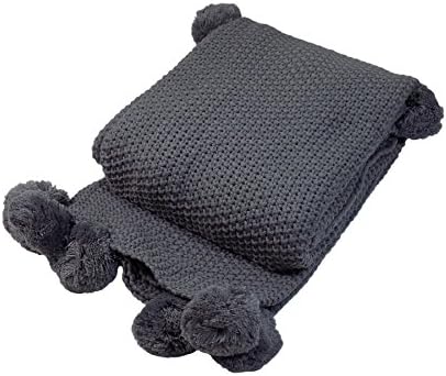 KNITTED POMPOM GREY THROW 130CM X 160CM