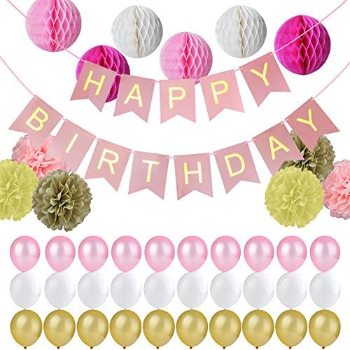 Jingxu Happy Birthday Banners Party Decoration Kids' Party Banners with 30pcs Party Balloons 6pcs Paper Flower Balls, 6pcs Honeycomb balls Happy Birthday Flag Banner Garland