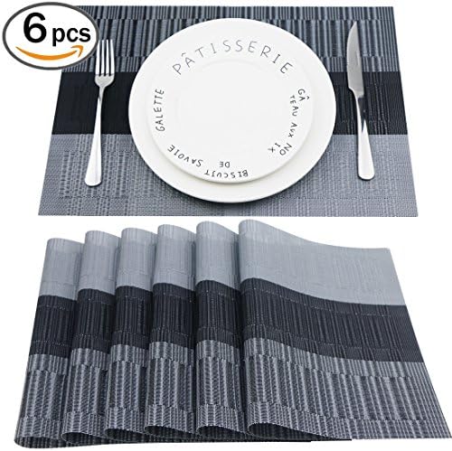 Placemats Set of 6 Washable Heat Insulation Non-slip Woven Vinyl Table Mats for Kitchen and Dining Room (Black/Gray) By Fanuk