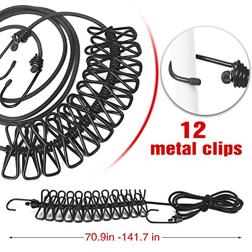 Flexible Wäscheleine mit 12 beschichteten Klammern,180-360cm, KKtick Super Praktisch auch für Reise Urlaub Outdoor Camping (schwarz) - 3