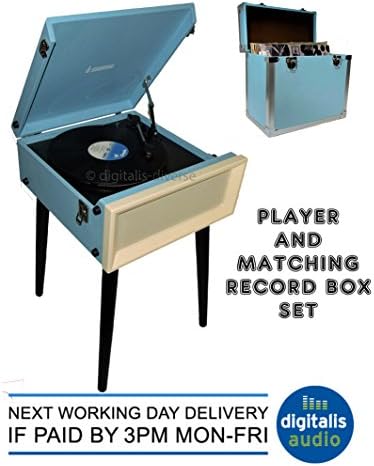 Record Player and Matching Record Storage Box 3 Speed Retro Turntable with Radio,mp3 Playback,Detachable Legs (Light Blue)