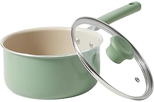 Redchef Ceramic Nonstick Saucepan with Lid,18cm Small Cooking Pot, Non Toxic Sauce Pans for Kitchen, Cool Handle PFAS Free Compatible with All Cooktops, Green