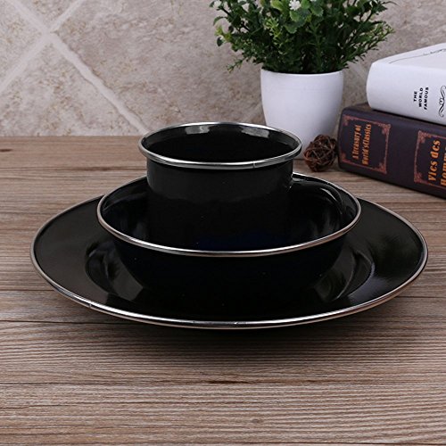 Travelmall 3 PCS Black Enamel Camping Picknick Ess-Set Platte Tasse Schüssel Emaille Cereal Bowls Reise und Camping Besteck Set für 1 Person (3pcs-Schwarz) - 5