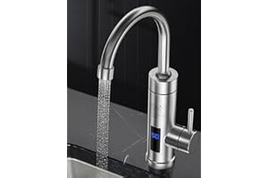 LIFEJXWEN Elektrischer Wasserhahn für Durchlauferhitzer aus Edelstahl, Wasserhahn warm und kalt, 3000 W, Thermometer ohne LED, Warmwasserhahn für Küchenspüle, 360 ° drehbarer Wasserhahn