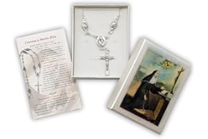 OVUNQUE PROTEGGIMI Rosario di Santa Rita da Cascia in Simil Perla Lungo cm 32 (12.59'') e Preghiera. Coroncina di Santa Rita. Rosary Chaplet of Saint Rita (Pater con Rosa)