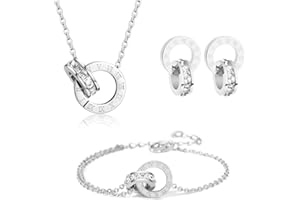 RPAEOY Parure Ensemble de Bijoux Femme Chiffres Romains Cercle Zircon Cubique Acier Inoxydable Plaqué Or 18K Argent Boucles d'oreilles Bracelet Collier Élégantes Mariage Soirée Cadeau