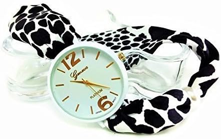 Ladies black and white band Geneva wrist watch bracelet Resizable silk strap cuff wristwatch