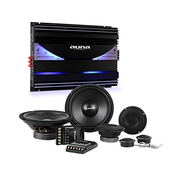 auna CS-Comp-8 Car-HiFi-Set 6-Kanal Endstufe Komplettset (2 x 8"-Subwoofer, 2 x 4 Mitteltöner, 2 x 1,57" Dome-Hochtöner, 6400 Watt max, blaues LED-Lichteffekt) schwarz