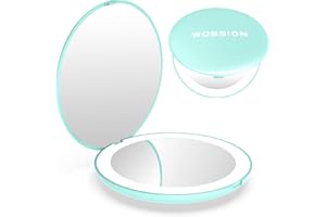 wobsion Mini Led Specchietto da Borsetta,LED Specchio Piccolo Specchio 10x con Luce,3,5 pollici,Specchietto da Borsa,Specchio Portatile,Regalo per Ragazza,Specchio da Viaggio,Ciano