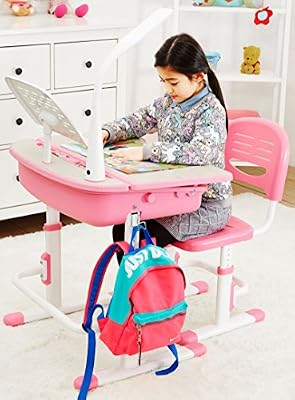 Leomark Bureau ergonomique avec une chaise et lampe pour enfants Réglage en hauteur couleur rose - Tabouret d'Enfants Rose