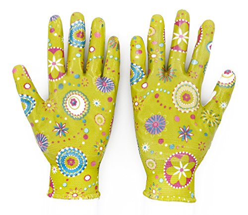 Gartenhandschuhe Arbeitshandschuhe Handschuhe mit Vollfinger Latexkratzer Beschichtung, Blumendruck, 1 Paar,Größe:8(M)