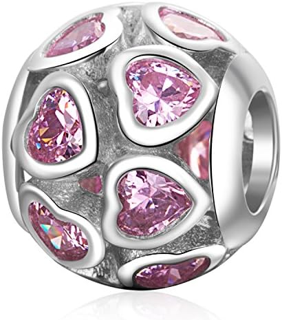 Openwork Heart Crystal Charms Solid 925 Sterling Silver Pink CZ Stone Spacer Love Bead for European Bracelet (Heart Pink Stone)