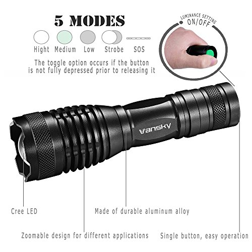 Taktische Taschenlampe, Vansky® 700 Lumen CREE XML2 T6 LED Taschenlampe | Superhell wasserdicht Camping Taschenlampe mit einstellbarem Fokus und zoombarem taktischem Licht | inkl. 3 x AAA Batterien - 4