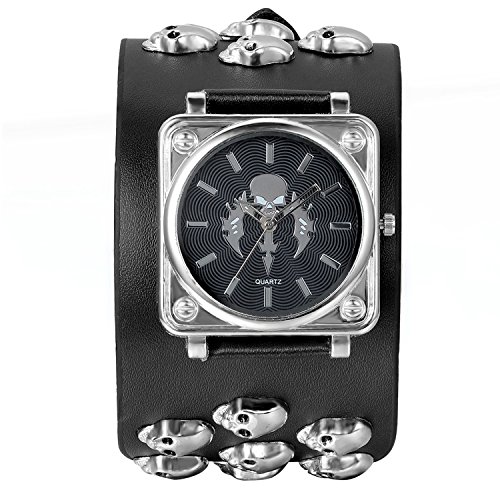 Avaner Reloj de Pulsera Hombre Cráneos Punk Rock, Reloj Grande de Cuero para Biker Motorista, Cuarzo Reloj Negro Analogico Buen Regalo
