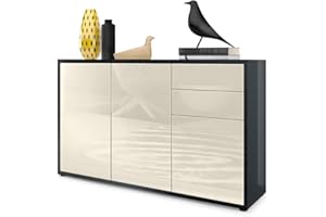 Vladon Sideboard Ben V3, Kommode mit 3 Türen und 2 Schubladen, Schwarz Hochglanz/Creme Hochglanz (117 x 74 x 36 cm)
