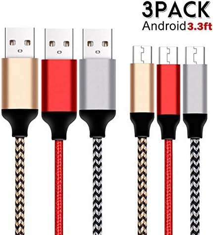 Micro USB Cable，FoolerHome (3-Pack 3.3ft/1m) Premium Nylon Braided Micro USB Cable, USB 2.0 A Male to Micro B Sync and Charging Cables for Samsung, HTC, Nexus, Sony, Motorola, Nokia, Android and More (Gold Red Silver)
