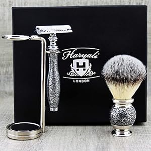 Haryali London Shaving Kit – 4 Pc Shaving Kit – Double Edge Safety Razor - Synthetic Hair Shaving Brush – Alum – Antique… - Image 3