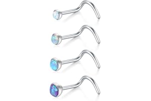 Funseedrr 4 Piezas Piercing de Nariz en Forma de L Espiral Barra Plata 7mm Tornillos de Nariz con Opalo Pendientes