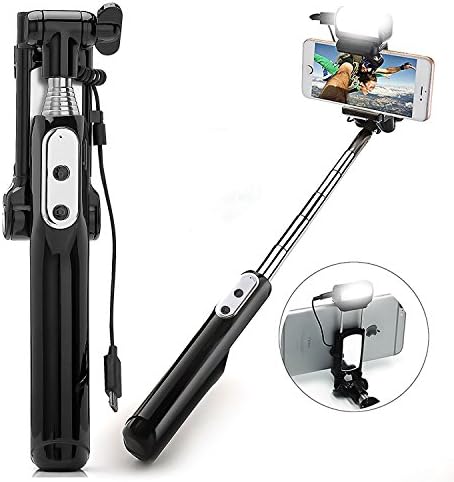 Bluetooth Selfie Stick, Bbtops Extendable Selfie Stick Bluetooth Monopod with Rearview Mirror and LED Fillight, Mount 270 Degree Rotation Multifunctional Smartphone Holder for iphone X/8/8 plus/7/7plus,Samsung S7/S6/S5 and Most Phones-Black