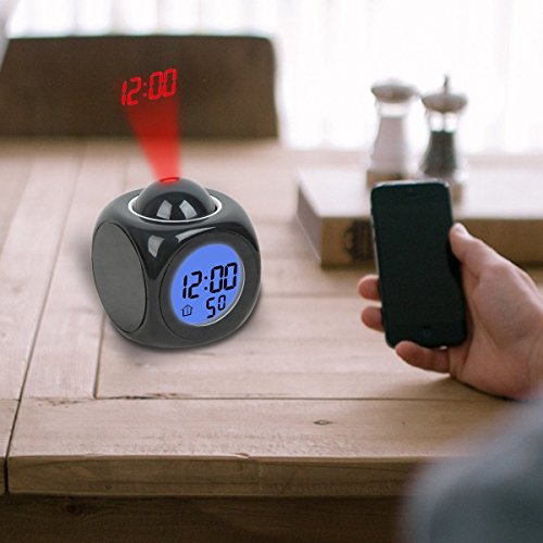 aiernuo Wecker mit LED-Projektion, für Wand-/Deckenprojektion, LCD-Digitalanzeige, mit Sprechfunkton (evtl nicht in deutscher Sprache) und Temperaturanzeige – Einfache Anwendung, zur Verwendung als Wecker oder als Baby-Nachtlicht, ABS, schwarz, 10.0×8.20×8.20cm - 5