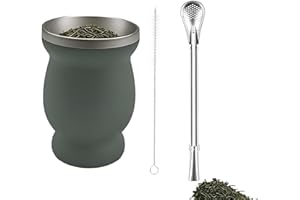 LJYING Stainless Steel Yerba Mate Cup 8oz - Double-Wall Gourd Design with Straw Spoon & Cleaning Brush, Yerba Mate Set for Mate Tea and Coffee (Green)