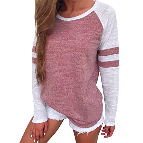 SMARTLADY Mujer Camiseta Manga larga Empalme Blusa Tops otoño invierno Ropa (L, Rojo)