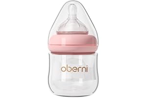 Oberni Glass Baby Bottle, Easy to Clean, Anti-Colic Baby Bottles with Slow Flow Breast-Like Teat 120ml (Pack of 1), 0m+, Pink