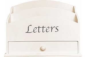 GreyZouq Wooden Letter Rack. Home office, study, hallway study. Two compartments for letters and handy drawer for stationary storage. Vintage/contemporary (Script Text, Cream)