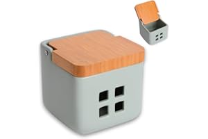 KOOK TIME Bote de ajos cocina con tapa de madera de bambú - Tarro de cocina para guardar ajos, de cerámica con agujeros de ventilación para su conservación óptima - Medidas: 11.5x11.5x11.5 cm