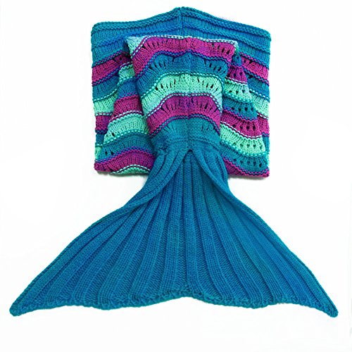 YiZYiF Handgemachte Meerjungfrau Decke Fleece Sofadecke Schlafsack Mermaid Blanket Kostüm für Kinder Mädchen (Einheitsgröße, Gestrickt Blau&Lila (Kinder)) - 5