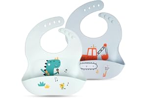 Vicloon Śliniaki silikonowe, 2 sztuki 3D Wodoodporne silikonowe śliniaki bez BPA, śliniaki do karmienia niemowląt z kieszonką na żywność dla niemowląt, regulowane rozmiary 4, dla niemowląt