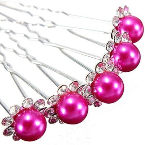 Mont Cherry High Quality Elegant ''Big Fuschia Pearl/Flower'' Crystal Diamante Wedding Bridal Prom Hair Pins 5 pins with Silver Bindi/Tattoo pack Combo by Trendz