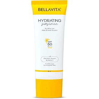 BELLAVITA Water based Hydrating Sunscreen, SPF 50, Lightweight PA+++, For All Skin Types, No White Cast, Non - Greasy Finish, UV Protection, Broad Spectrum, For Men & Women, 50ML